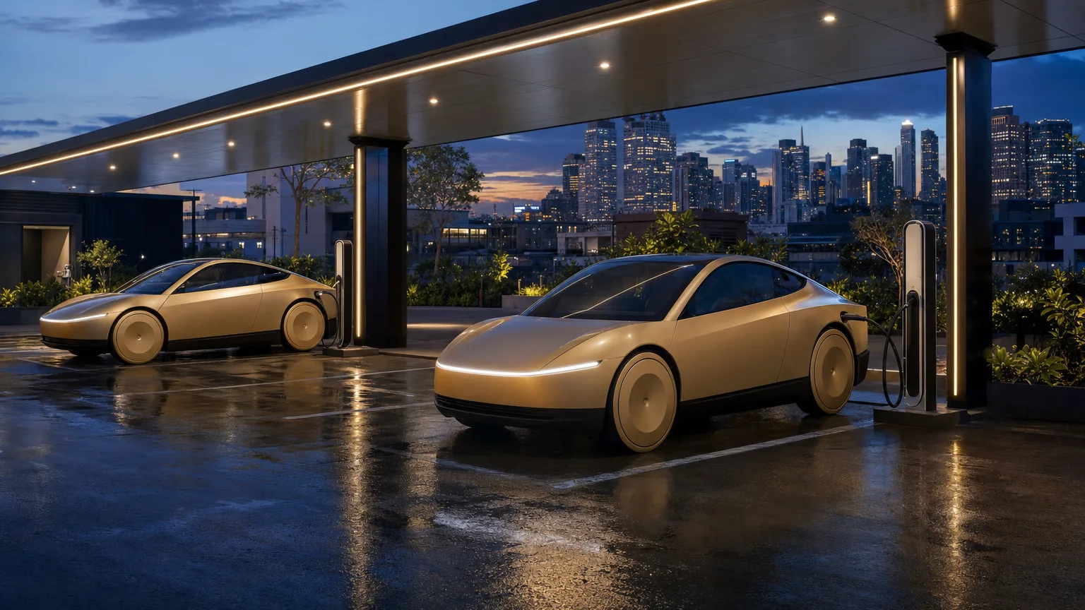 AI concept of two Cybercab-style two-seat robotaxis plugged into chargers under a lit canopy at dusk