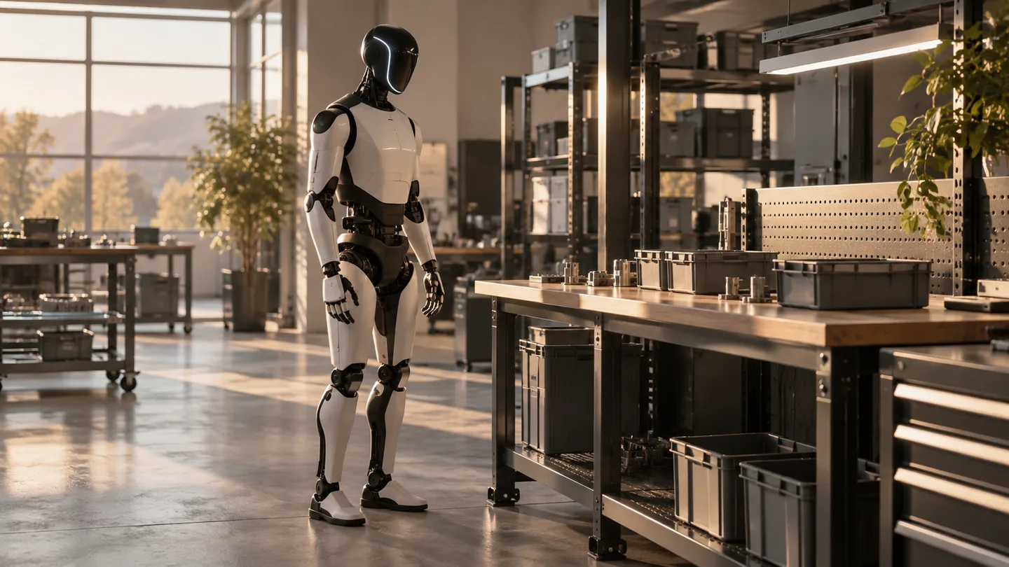 AI concept of a humanoid robot beside a workshop bench